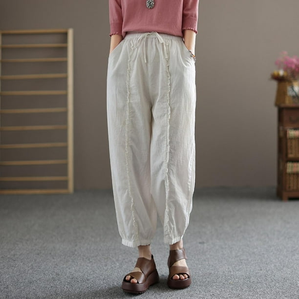 SMihono Linen Pants Women Fashion Plus Size Casual Loose Pants For Women  Casual Summer Drawstring Elastic High Waist Linen Pant Pockets Cropped