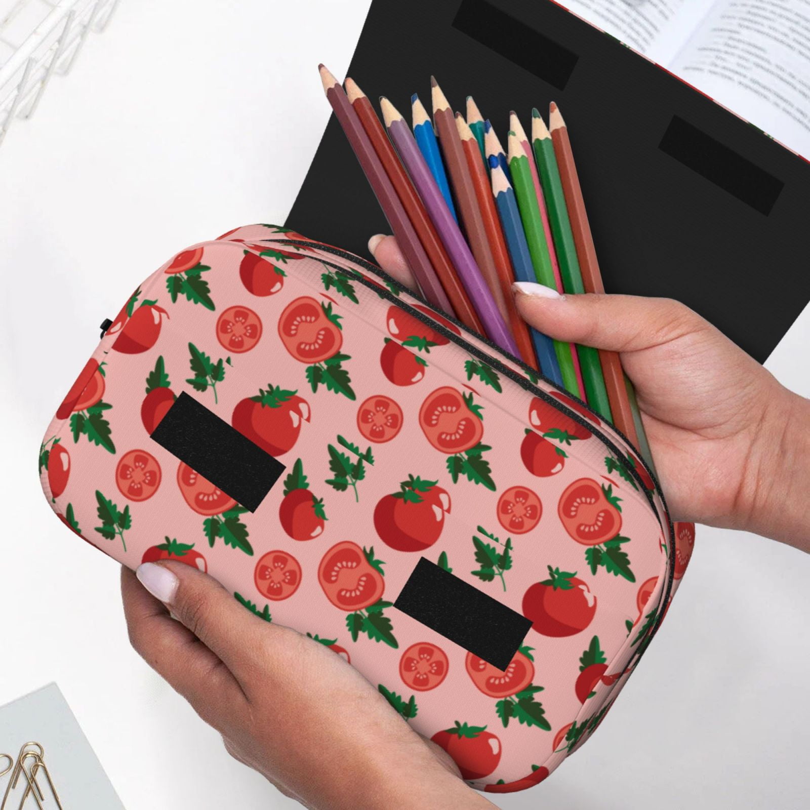 Rateoe Tomatoes Pattern Double Clamshell Pen Case, Storage Organizer with Two Zipper Compartments– Holds Up to 50 Pencils & Pens