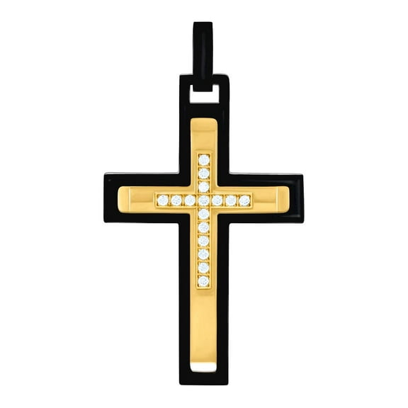 Stainless Steel Yellow Black-tone Mens Cubic Zirconia Cross Religious Charm Pendant Necklace for Men