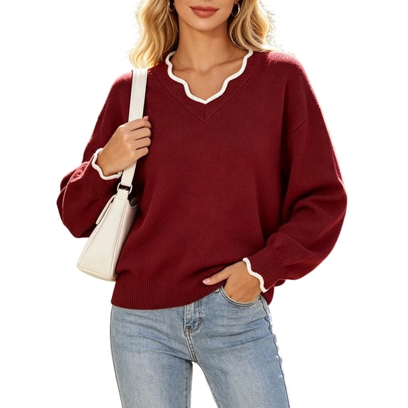 yillto Womens Sweater Knit V Neck Ruffled Long Sleeve Tops Soft Warm Pullover Sweaters for Fall Winter