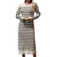 thumbnail image 2 of Cavosen Dresses for Women Long Sleeve Beige Knitted Sweater Dress Maxi Wrap Crew Neck Calf Length Long Dress Striped Pullover Warm Casual Trendy Dress Fall Winter Clothes S, 2 of 8