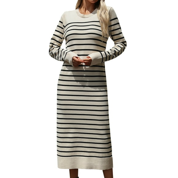 Beach Wedding Dresses for Bride Women's Fall Striped Sweater Dresses 2024 Casual Long Sleeve Crew Neck Knit Sweater Midi Dress Satin Dress S-166 Beige M