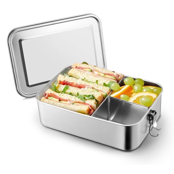 Walchoice Bento Box, 47oz Stainless Steel Lunch Container with Lid, 3 Compartments Food Storage with Removable Divider, Metal Meal Prep Container - Dishwasher/Freezer Safe