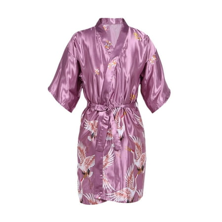 

Women Nightwear Short Robe Faux Silk Sleepwear Luxurious Ladies Satin Animal Print V-Neck Half Sleeve Lace Belt Loose Nightwear Bathrobe Purple M