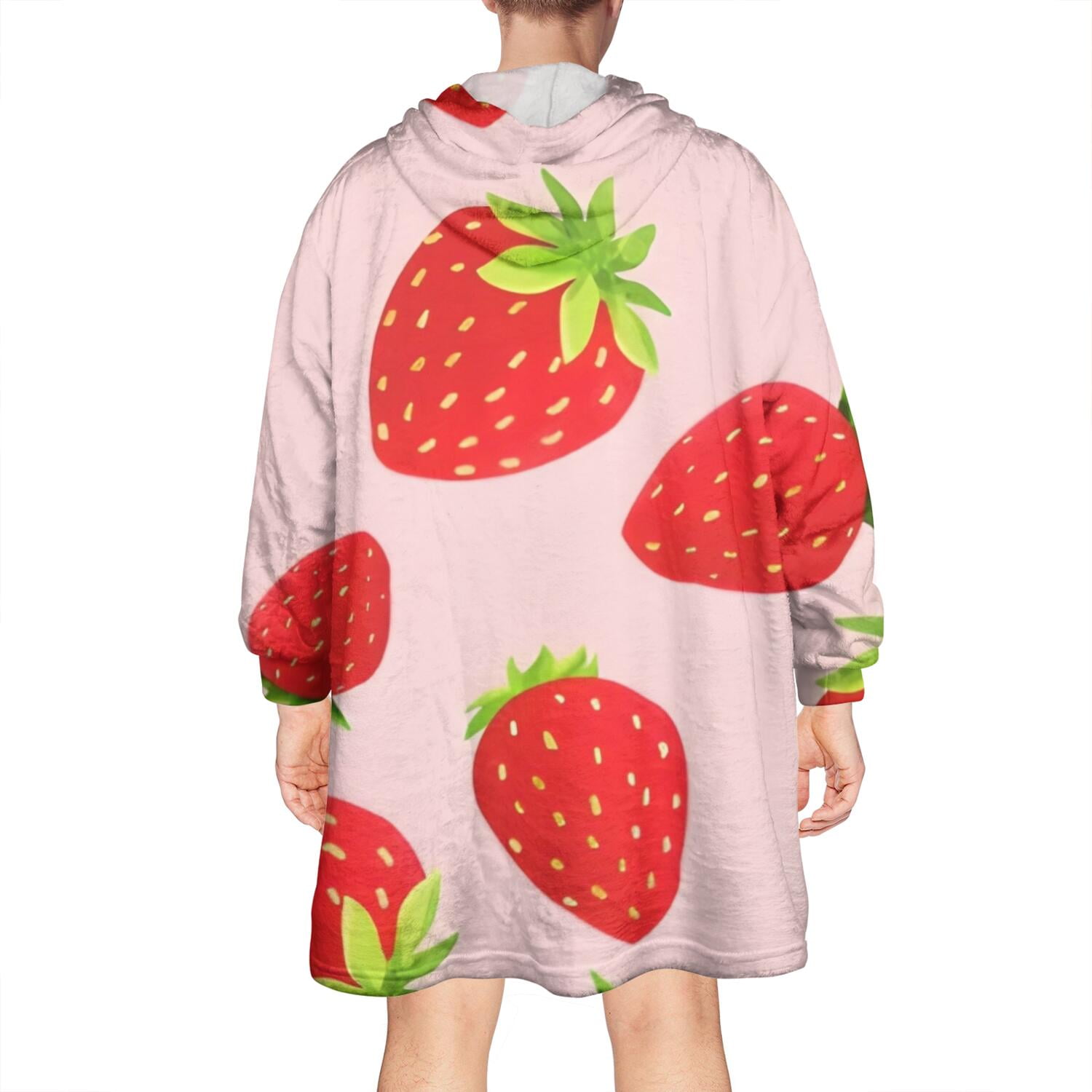 Red Strawberry Plants Fruit Pink Pattern Wearable Oversized Blanket,Wearable Blanket Hoodie for Adults,Cozy Hooded Blankets with Super Pockets,Super Warm Fuzzy Pullover for Women & Men