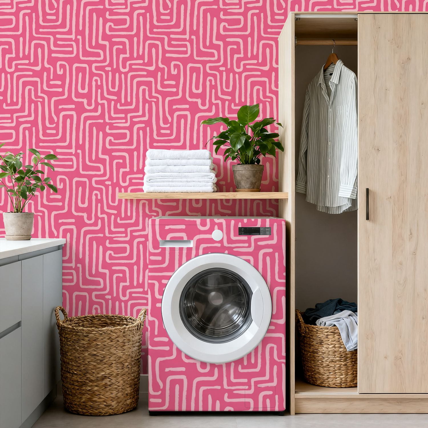 Peel and Stick Wallpaper Abstract Pink Curved Lines Wall Mural 17.7in x 9.8ft Self Adhesive Removable Wall Paper Renter Friendly Wallpaper for Nursery Bedroom Cabinets