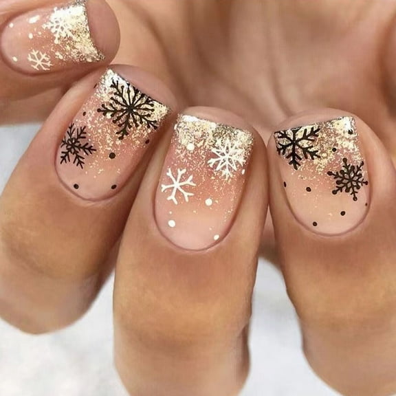 24 Pcs Christmas Press On Nail Short Square False Nail Snowflake Full Cover Stick on Nail Glittering Artificial Nail