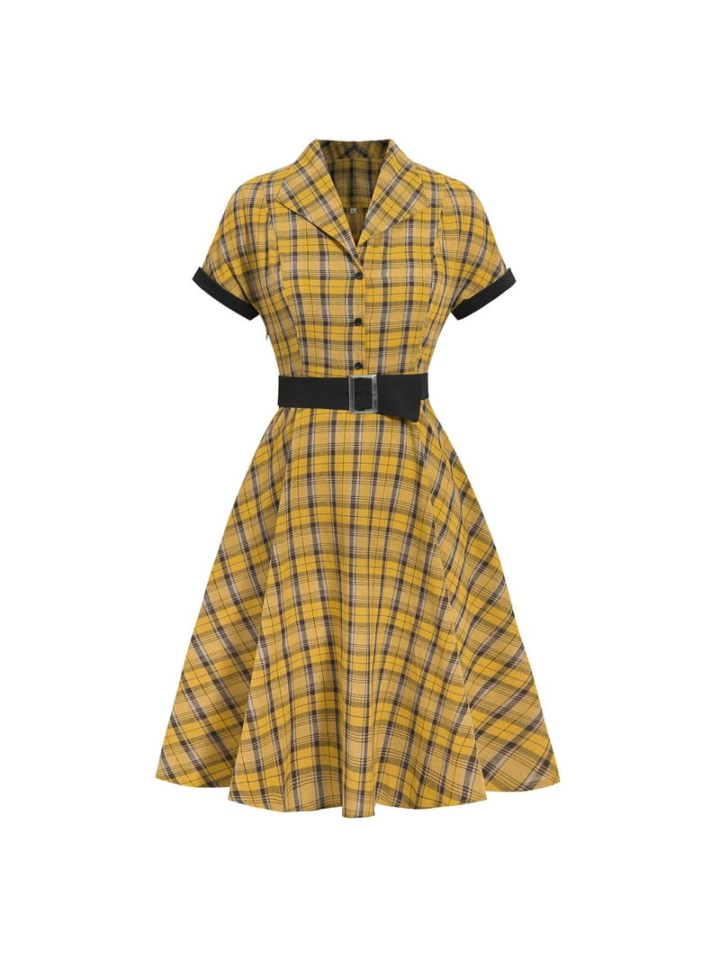 Women's Vintage Dress Plaid Lapel Collar Button Down Cocktail ...