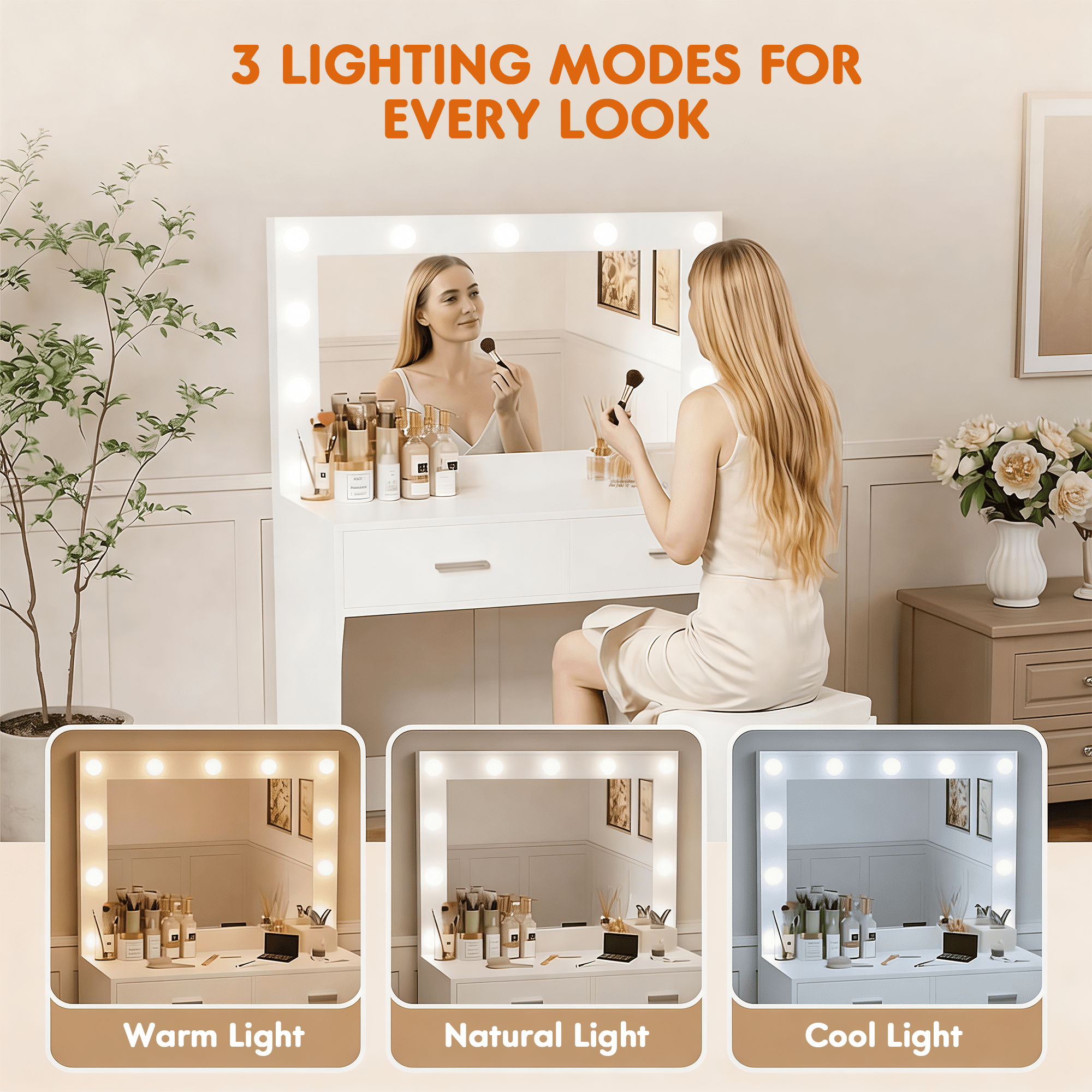 Furmax Makeup Vanity Table Set with Lights and Mirror Vanity Desk with Drawer and Chair, White