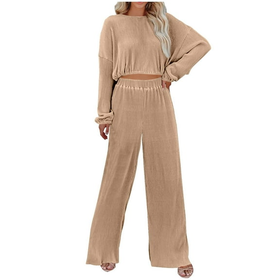 Oplxuo Women's Fall Corduroy 2 Piece Sets Crop Pullover Sweatshirt with Wide Leg Sweatpants Matching Sweatsuit Outfits