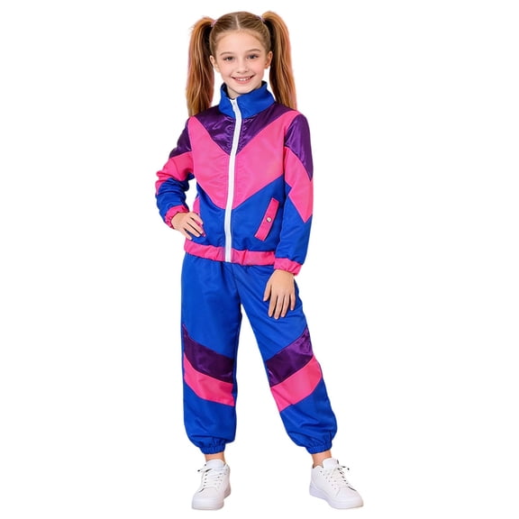 VNKIDY Girls 2 Piece Tracksuit Kids Color Block Long Sleeve Zip Front Coat Elastic Waisted Joggers For Casual Daily Outdoor Activities Cozy Set