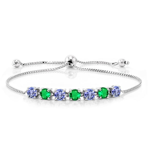 Gem Stone King 925 Sterling Silver Round Blue Tanzanite and Green Simulated Emerald Tennis Bracelet for Women (2.72 Cttw, Gemstone Birthstone, Fully Adjustable up to 9 inch)