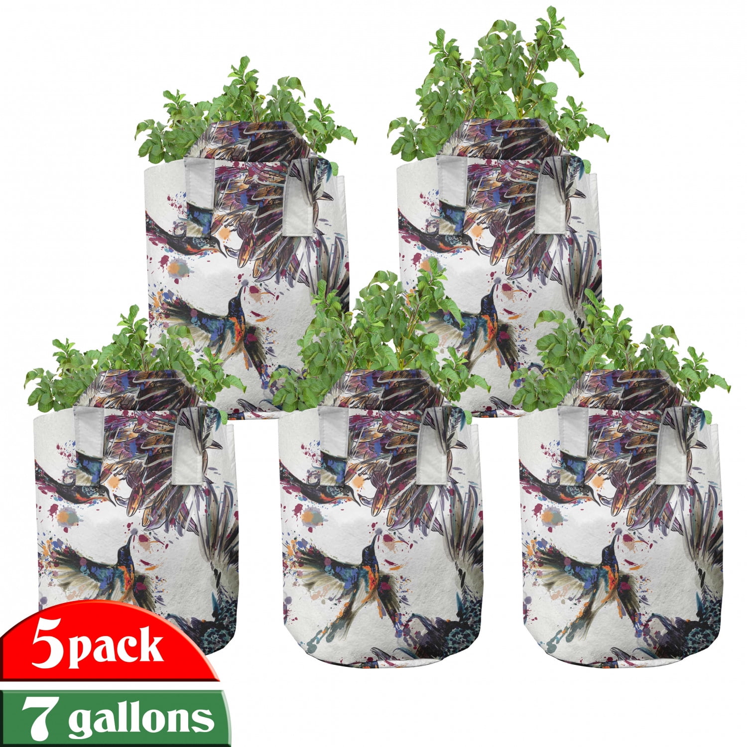 Watercolor Grow Bags 5Pack, Lilly with Birds, Heavyduty Fabric Pots with Handles for Plants, 2