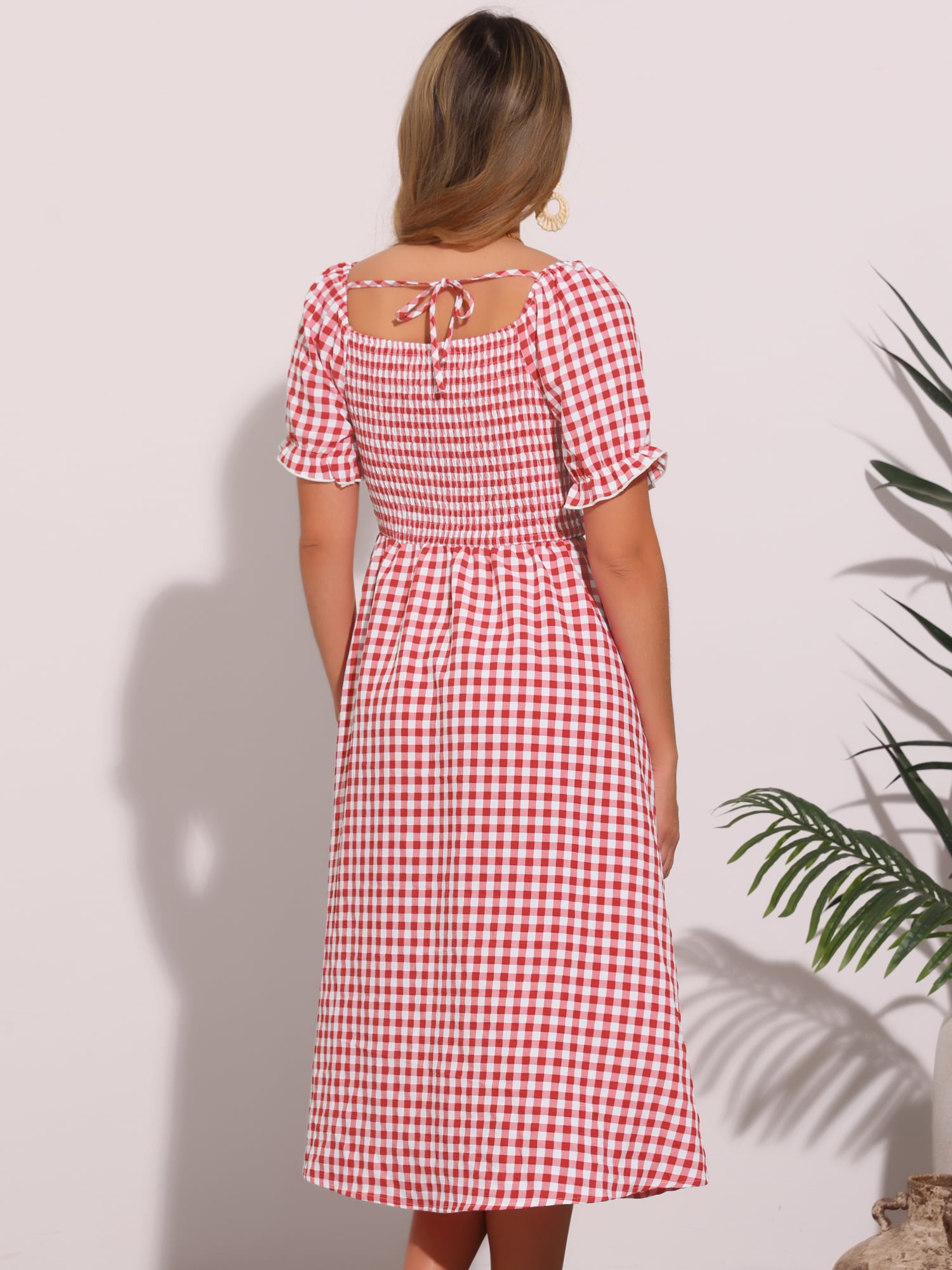 DARING DIVA Smocked Dress Puff Sleeve Square Neck Gingham Dresses M Red