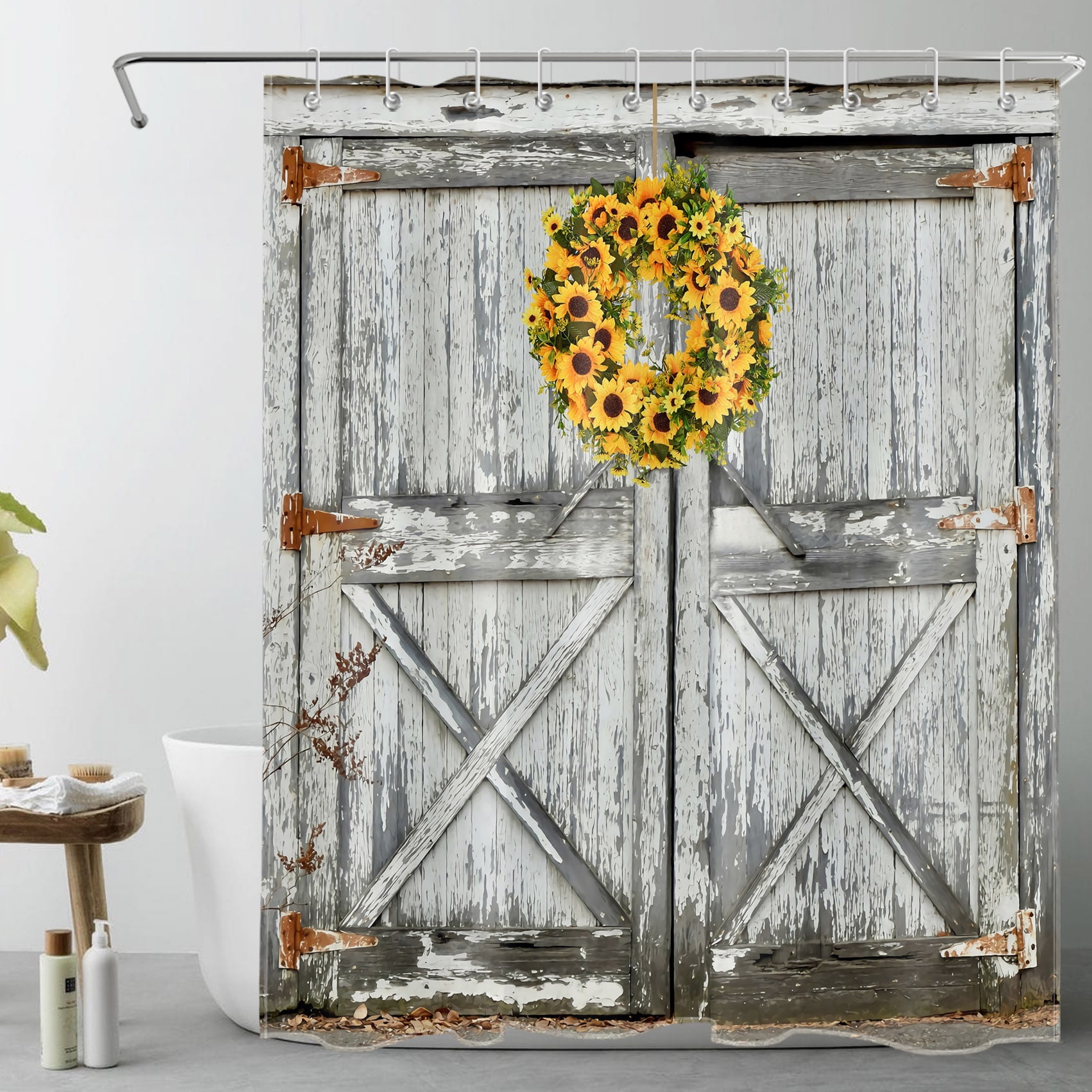 HVEST Farmhouse Barn Door Shower Curtain, Rustic Vintage Wood Planks