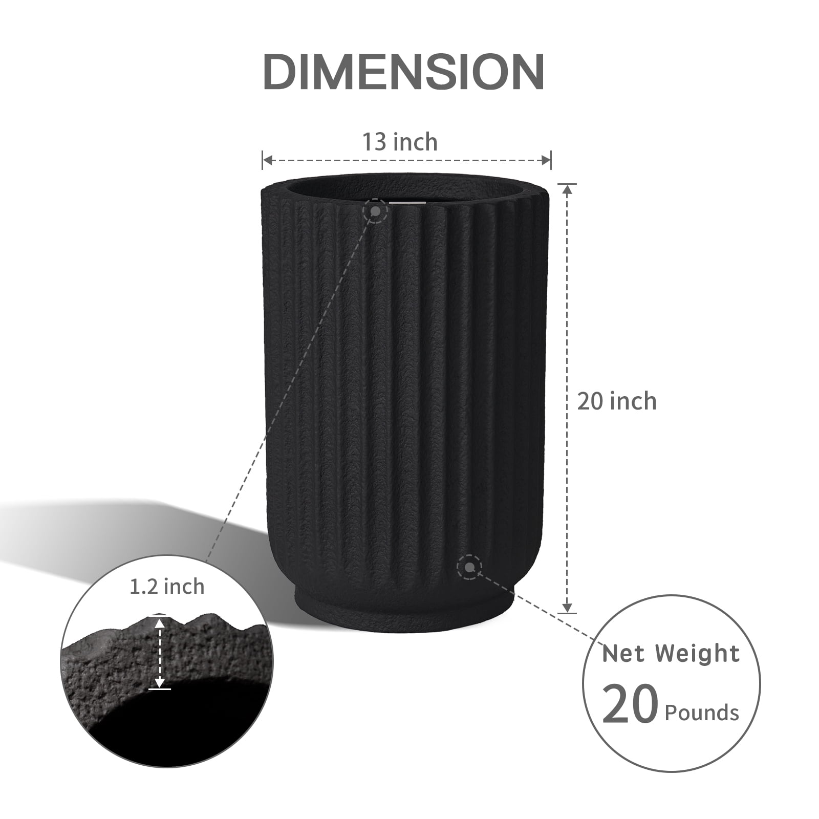 TerraDeco Classic Roman Column Style Planter | 20" Tall | Black & White Options | Ideal for Entrance & Living Room Corner | Durable Fiberglass Composite