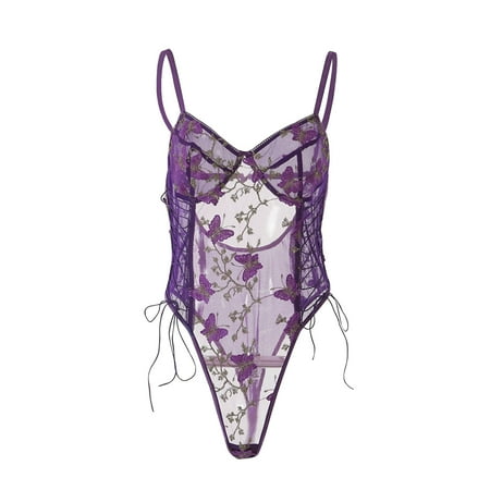 Lolmot Babydoll Lingerie for Women Camisole Butterfly Floral Sexy Lace Embroidered Belt Lace Up Lingerie Bodysuit Bra