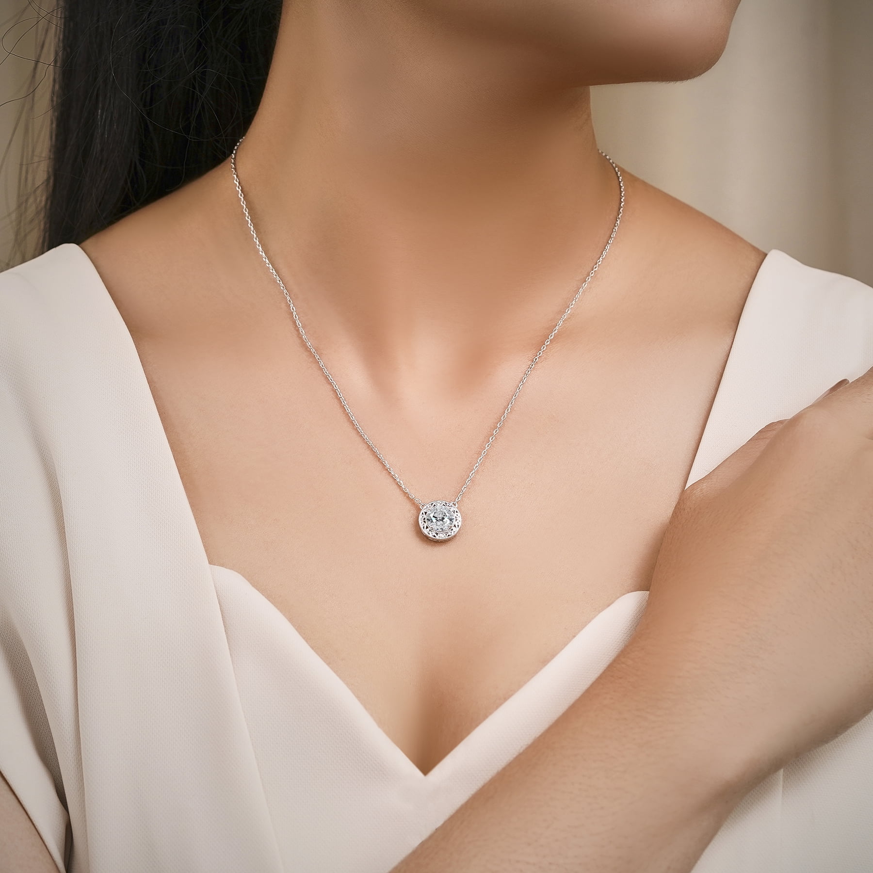 JeenMata 2 Carat Round Moissanite Pendant Necklaces - Vintage Inspired Pendant Necklace in 18K White Gold Plating Jewelry for Women