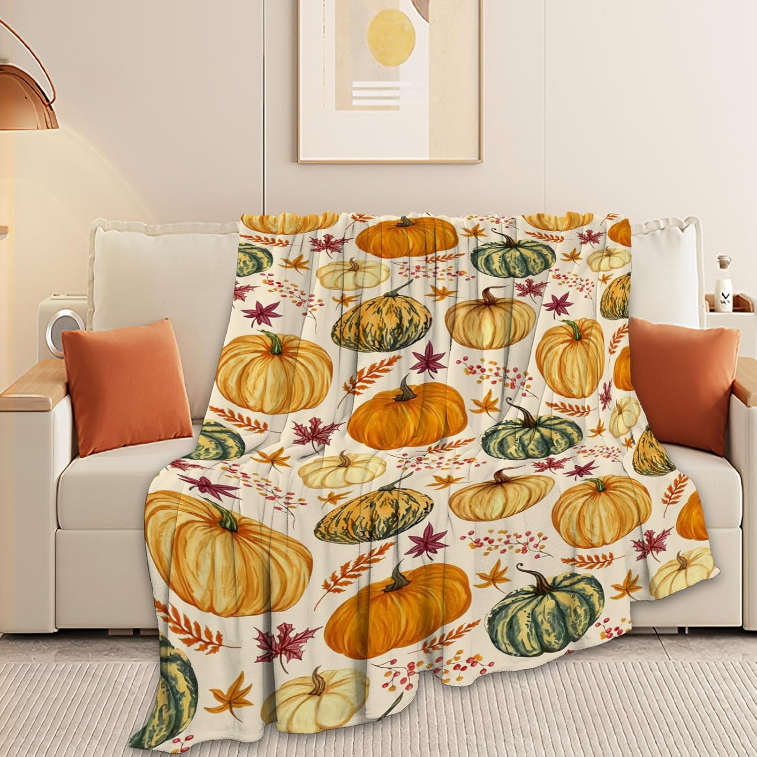 Fall Blanket Ultra Soft Cozy Autumn Pumpkin Maple Leaf Throw Blanket Fleece Fuzzy Plush Bedding Harvest Pumpkin Blanket Thanksgiving Gifts for Bed Kids Adults 50"x40"