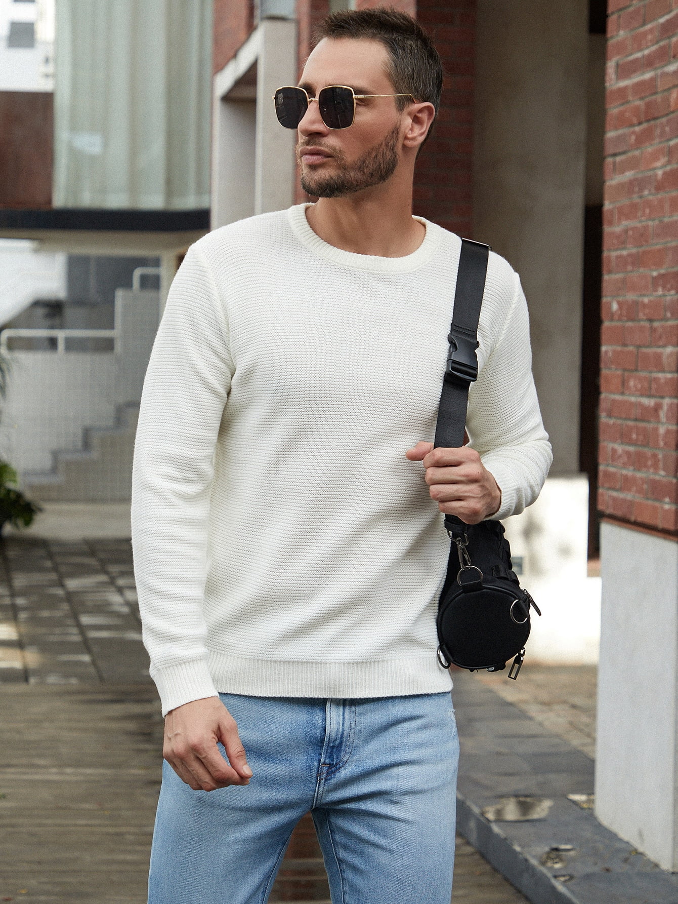 Beige Casual Men Solid Crew Neck 