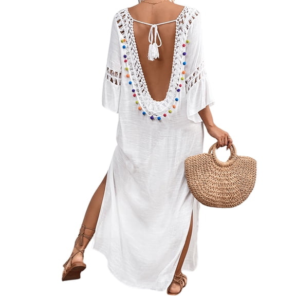 Backless Beach Cover Up for Women Hollow Out Beach Dress Loose Swimsuit Cover Up Long Swim Sundress