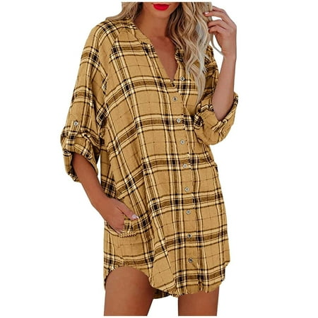 

Women s Mini Shirt Dresses Plaid Loose Casual Button V-Neck Long Sleeve Pockets Tunic Blouse Tops Sundress