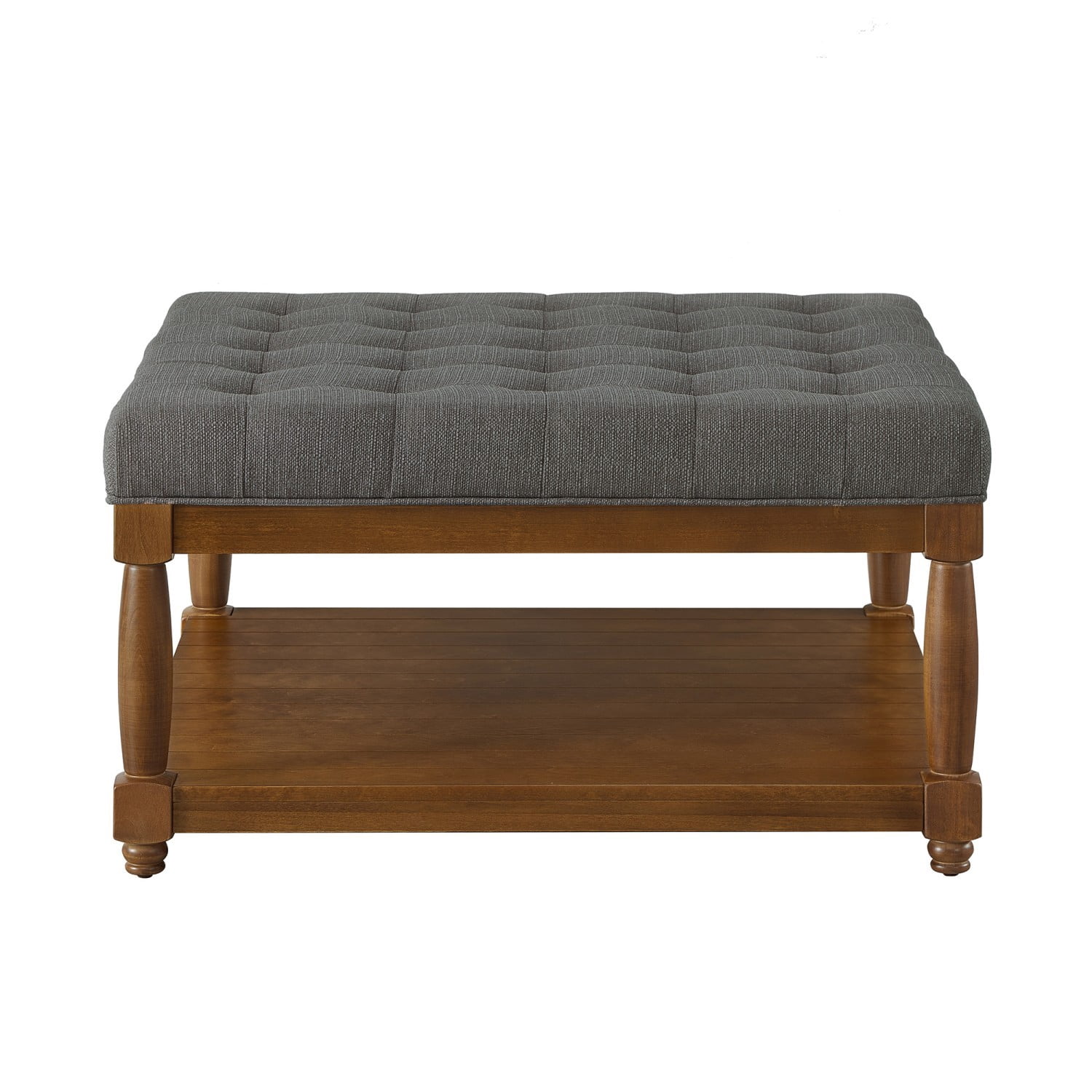 Large Square Tufted Linen Ottoman Coffee Table, Upholstered Footrest with Solid Wood Storage Shelf, Granite Living Room Center Table