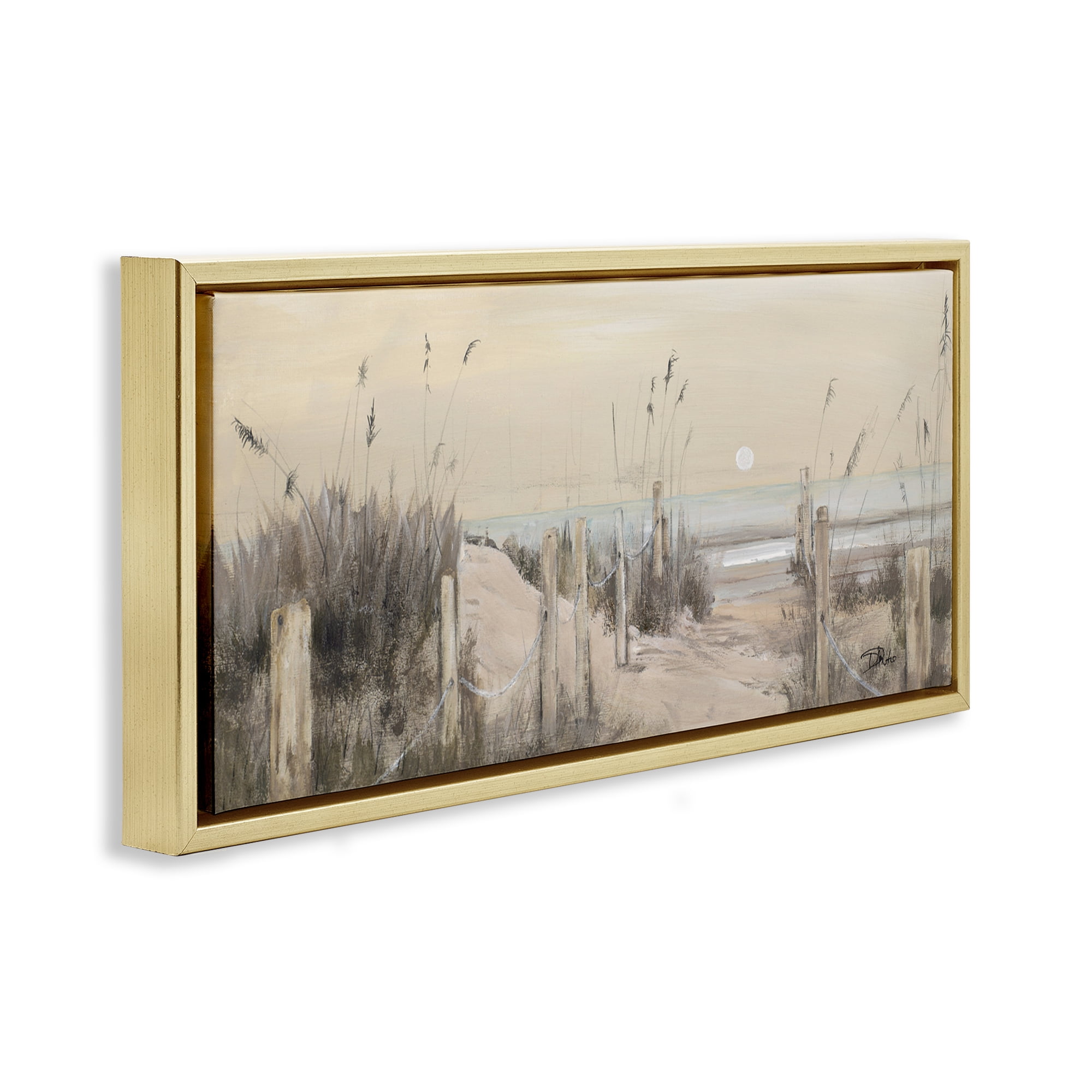 Stupell Industries White Moon Over Ocean Landscape Painting Gold Floater Framed Canvas Art Print Wall Art, 25 x 11