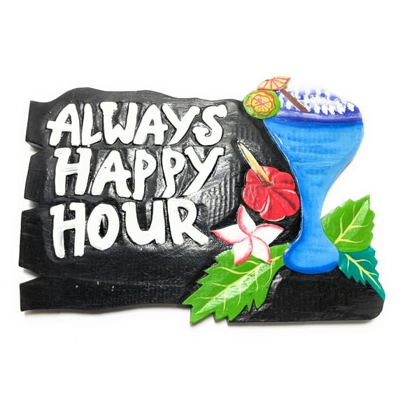 Always Happy Hour Tiki Bar Sign 12" w/ Cocktail - Tiki Bar Decor | #snd2504030