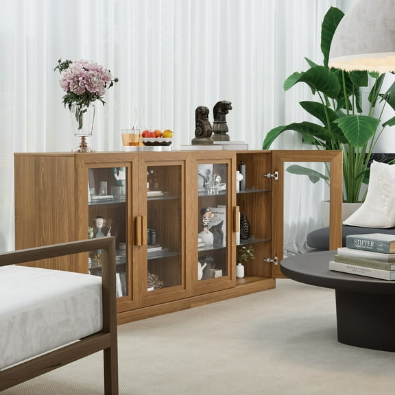 MAYEERTY Natural Wood Grain Storage Cabinet with Glass Doors - Rustic Modern Display Cabinet for Home