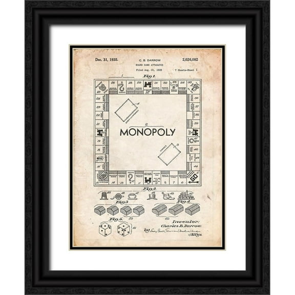 Borders, Cole 12x14 Black Ornate Wood Framed with Double Matting Museum Art Print Titled - PP131- Vintage Parchment Monopoly Patent Poster