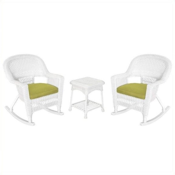 Jeco 3pc Rocker Wicker Chair Set in White with Green Cushion