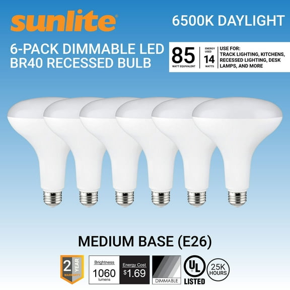 Sunlite LED BR40 Recessed Light Bulb, 14 Watts (85W Equivalent), Medium E26 Base, Dimmable,UL Listed, 6500K Daylight, 6-Pack