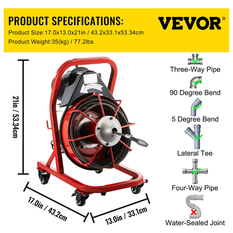VEVOR Electric Drain Auger 50FTx1/2Inch,250W Drain Cleaner Machine,Sewer  Snake Machine,Fit 2''- 4''/51mm-102mm Pipes, w/4 Wheels, Cutters,Foot  Switch, for Drain Cleaners Plumbers