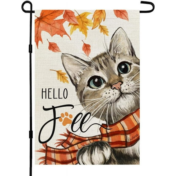 Shmbada Hello Fall Cat Garden Flag 12x18 Inch Double Sided Small Burlap for Outside Autumn Holiday Yard Decoration
