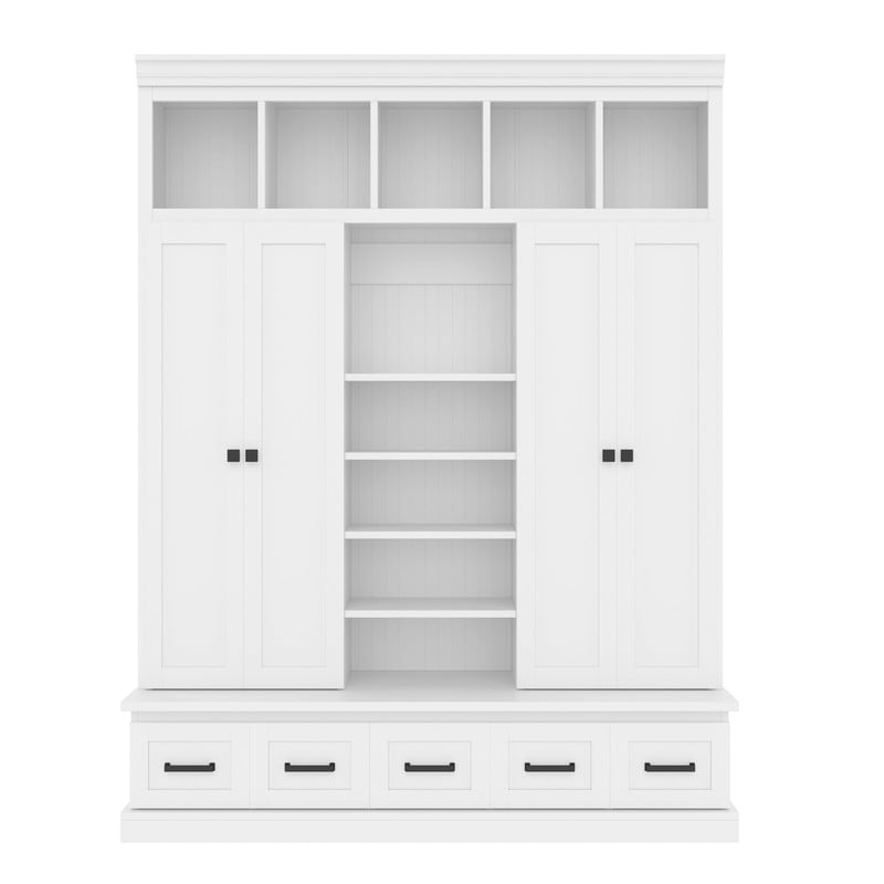 Modern Hall Tree with 4 Doors and 5 Storage Cubbies, Entryway Coat Rack with Adjustable Shelves, Mudroom Bench Storage Organizer Cabinet with 5 Drawers for Living Room