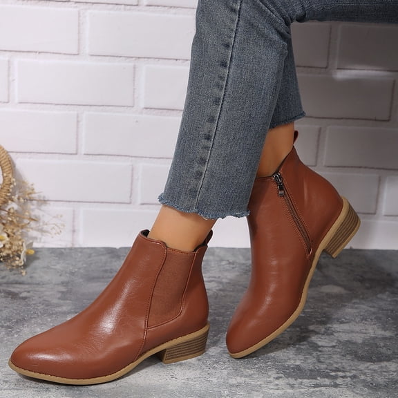 Fnooota Women's Ankle Booties, Block Heel Comfort Non Slip Side Zipper Fall Winter Shoes Brown Size 7