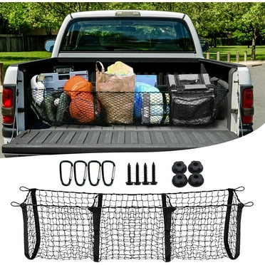 3 Pocket Cargo Net Trunk Bed Extender, 43.3” x 11.8” Mesh Truck Bed Organizer with Metal Hook, Heavy Duty Cargo Net for Cars, Pickup Truck Bed, SUV
