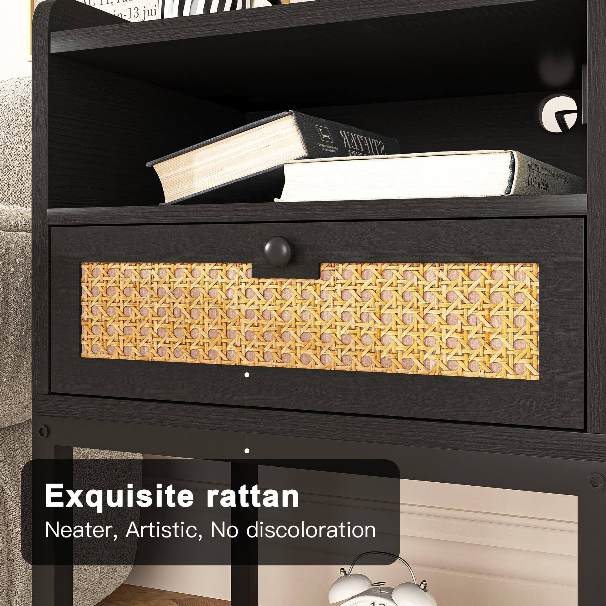 Spaco Nightstand with Charging Station Bed Side Table with Rattan Decoration Drawer Night Stand for Bedroom 3-Tier Storage End Table for Living Room, Black Spaco Nightstand with Charging Station Bed Side Table with Rattan Decoration Drawer Night Stand for Bedroom 3-Tier Storage End Table for Living Room, Black