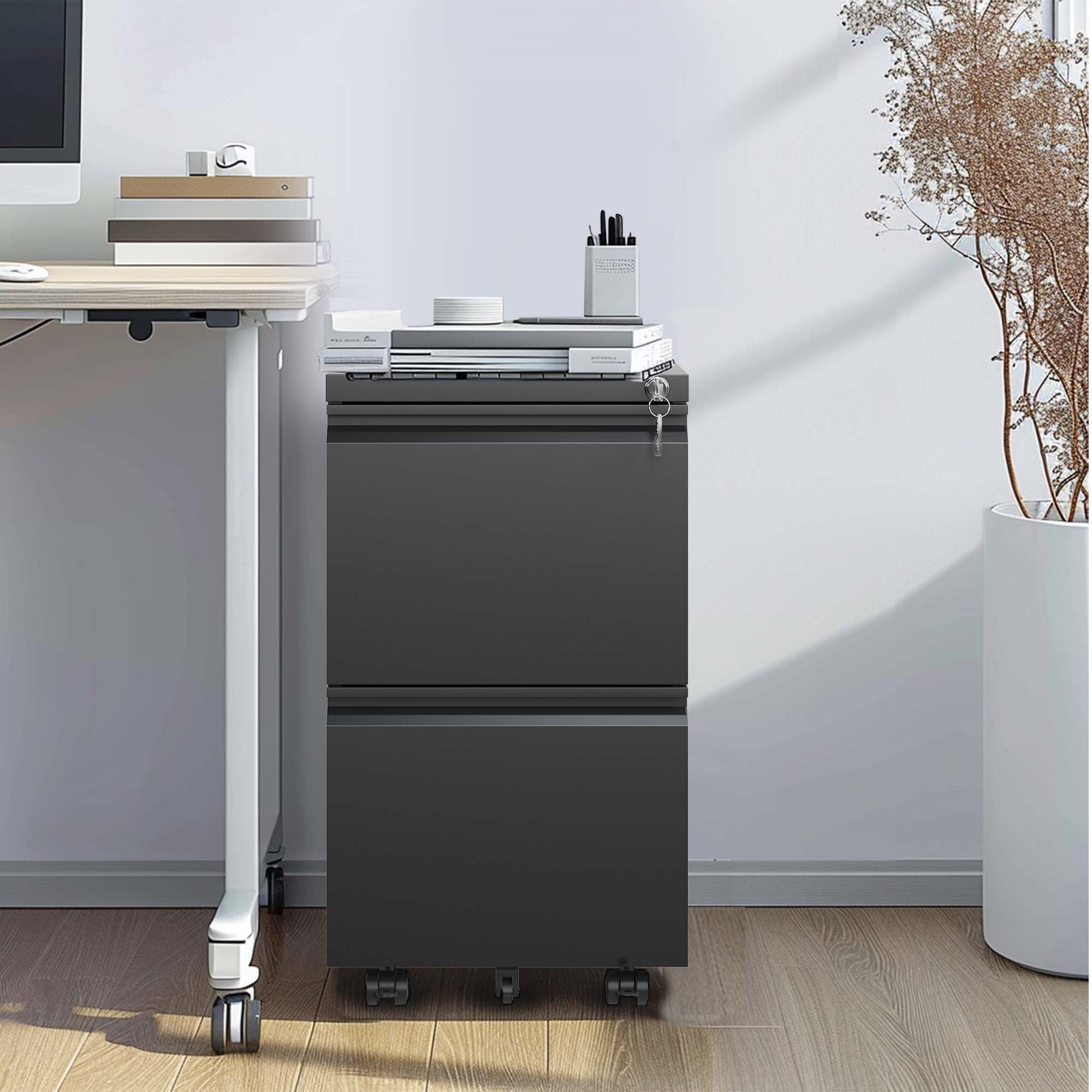 2 Drawer Metal Mobile File Cabinet, Rolling File Cabinet with Lock for Hanging Legal/Letter/A4 Size,Fully Assembled Except Wheels
