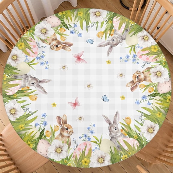 Easter Floral Round Fitted Tablecloth Best for 40"-44" Eggs Bunny Table Cloth Rabbit Elastic Edge Waterproof Washable Farmhouse Rustic Buffalo Check Plaid Table Cover for Party Picnic Indoor Decor