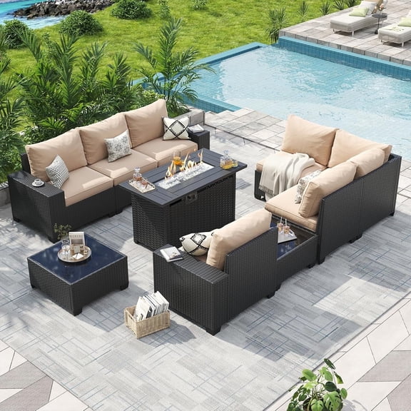 Aoxun Patio Furniture Sets with 44'' Fire Pit, 10 Pcs Outdoor Patio Coversation Set with 4'' Thicken Cushion, Widen Armrests Wicker Outdoor Sectional for Backyard (Waterproof Cover Include)