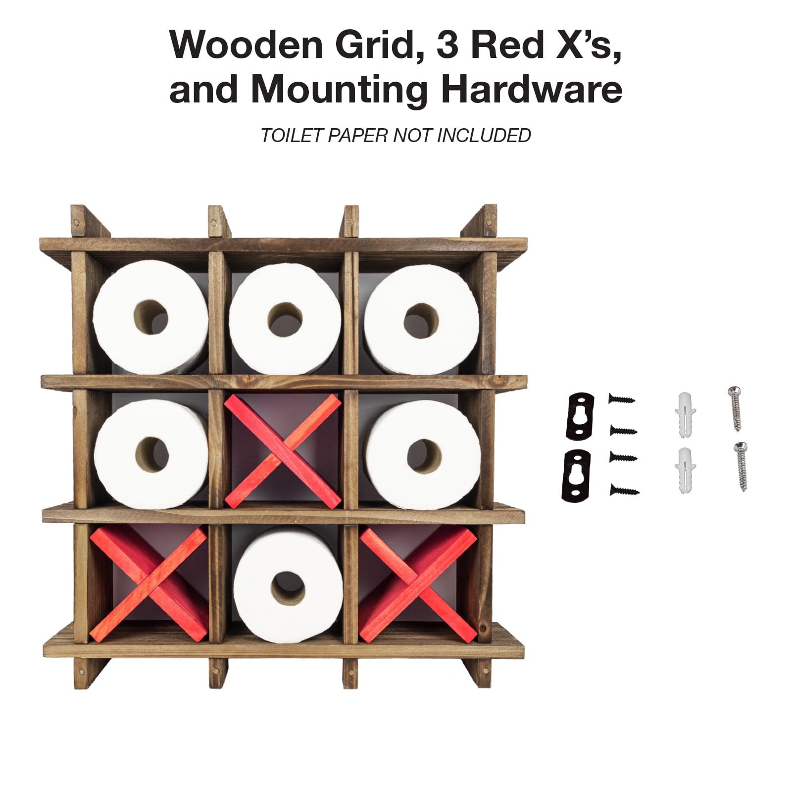 Excello Global Products Rustic Wooden Toilet Paper Holder: Tic Tac Toe Design for Wall Mounted or Freestanding Bathroom Tissue Roll Storage Organizer - EGP-HD-0162-OS