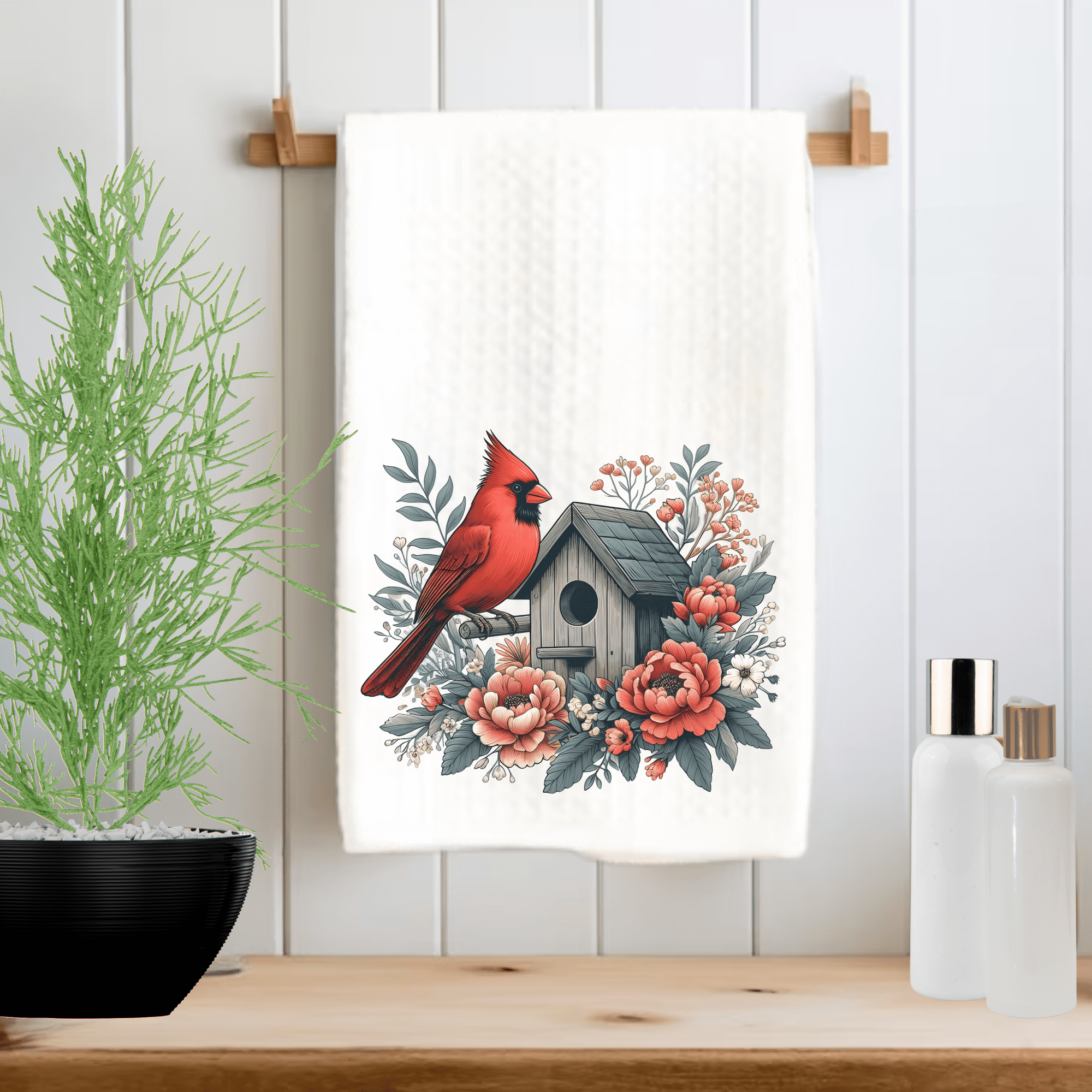 Christmas Printed Kitchen Towel Set Red Cardinal Bird 16x24 Happy Holiday Décor