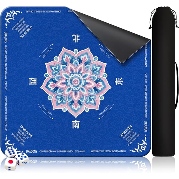 Mahjong Mat for Table 31.5"x31.5" Rubber American Mahjong Mat with Rules, Non Slip Noise Reduction Game Table Cover with Dice and Bag for Mahjong, Poker, Board, Card, Tile Games