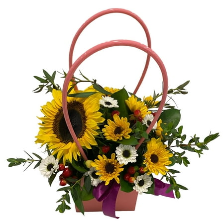 Modern Arrangement in a Color Paper Bag, designed for Mother's Day, Anniversary Sunflowers and Mini Sunflowers, Colors Vary