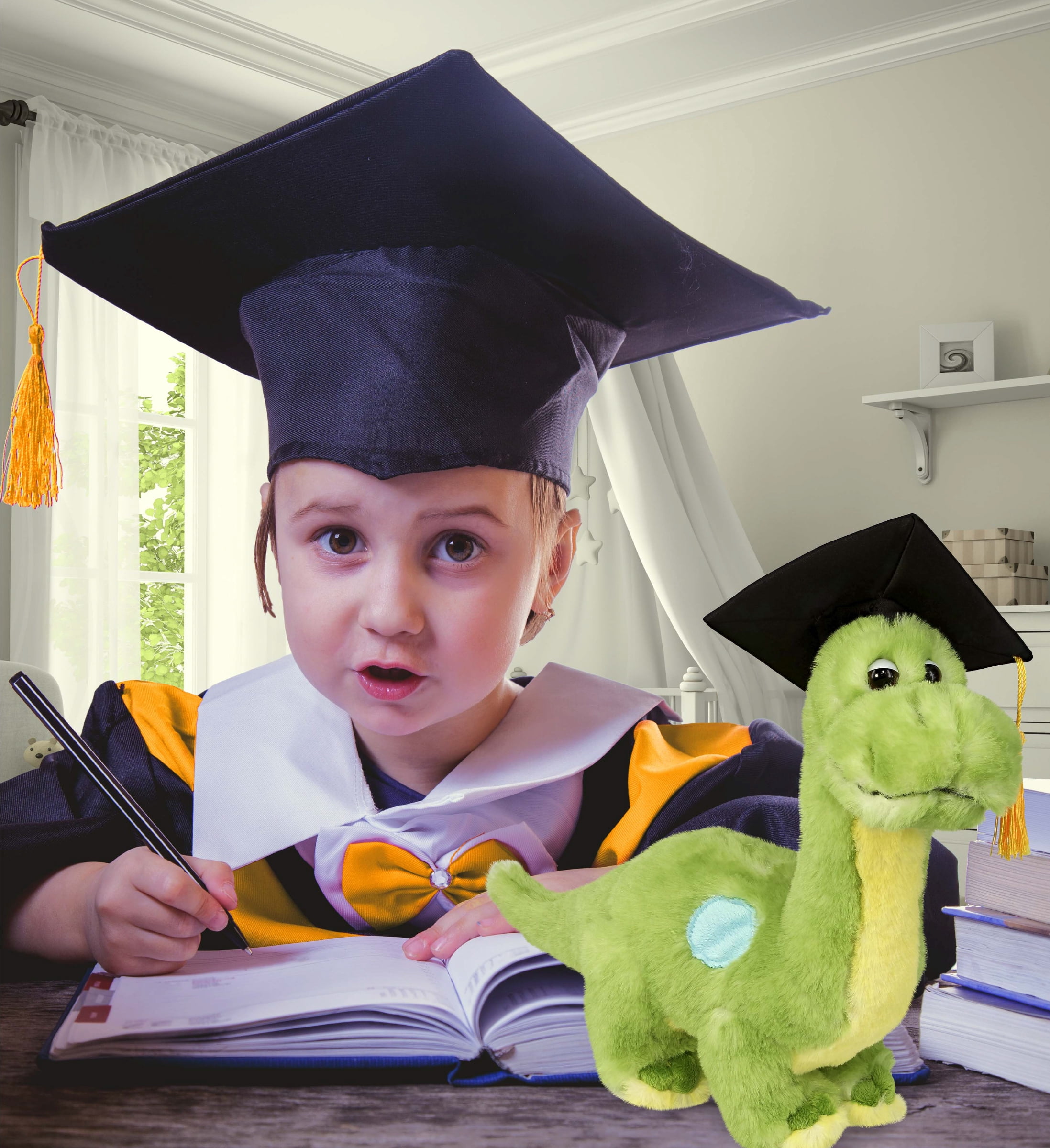 DolliBu Green Dinosaur Graduation Plush Toy - Super Soft Plush Graduation Stuffed Animal Dress Up with Gown & Cap with Tassel Outfit - Congratulatory Graduation Gift - 10 Inch