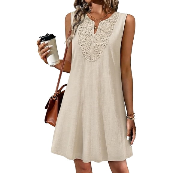 ClodeEU Women's Crewneck Sleeveless Mini Dress ,Solid Color Casual Loose Fit Summer Dress Beige,Women's Plus L
