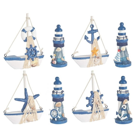 Meant2Be Wooden Lighthouse & Dark Blue Mini Sailboat Model Decoration Set, 8 Pcs