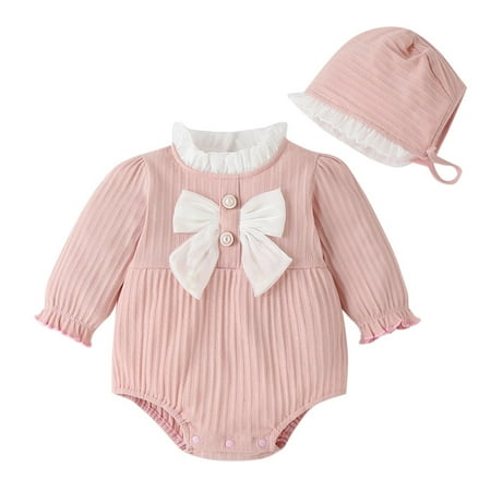 

Babys Newborn Infant Girls Romper Bow Tie Solid Spring Winter Long Sleeve Romper Bodysuit Hat Clothes